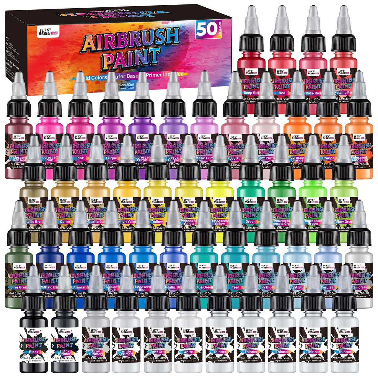 LET'S RESIN PAINT Airbrush Paint Set,42 colors with 3 Primers & 5 thinners,Water-Based Opaque & Neon & Iridescent Acrylic Paints Ready to Spray for Metal,Wood,Canvas